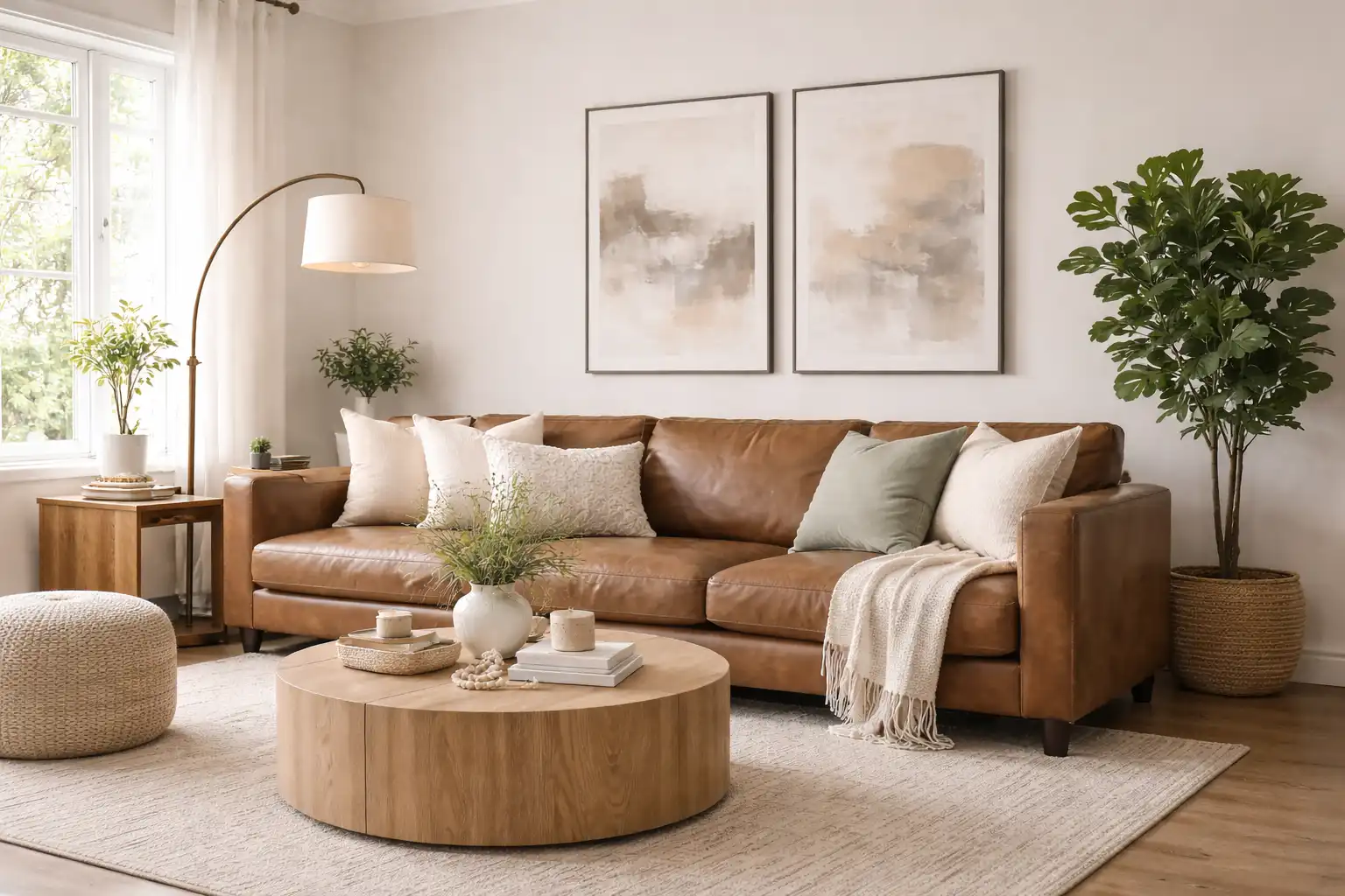 decoration idea for living room with brown sofa