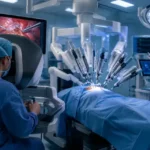 Medical technology in surgery showing robotic-assisted surgery and AI-powered healthcare systems
