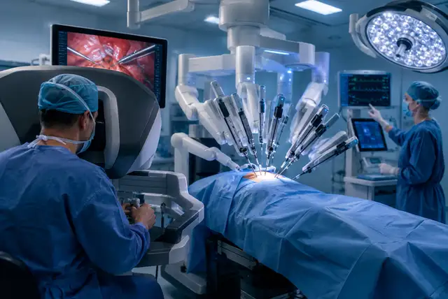 Medical technology in surgery showing robotic-assisted surgery and AI-powered healthcare systems