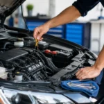 Vehicle maintenance checks being performed on a car during routine inspection