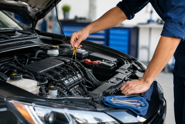 Vehicle maintenance checks being performed on a car during routine inspection