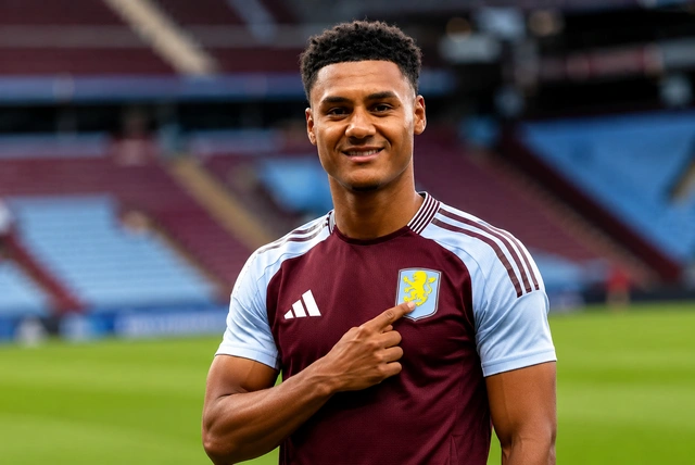 Ollie Watkins playing for Aston Villa and England during a football match