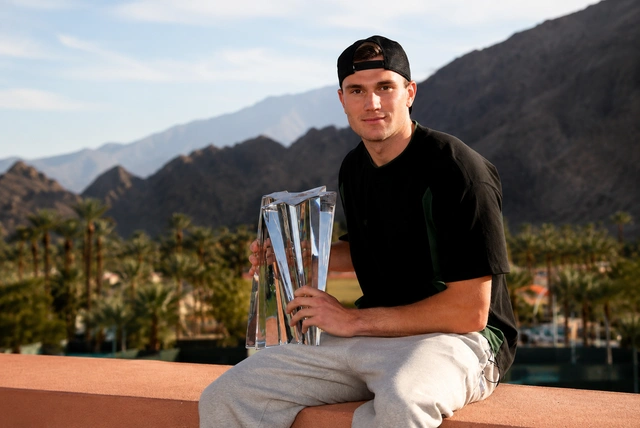 Jack Draper during an ATP Tour tennis match showing his powerful playing style