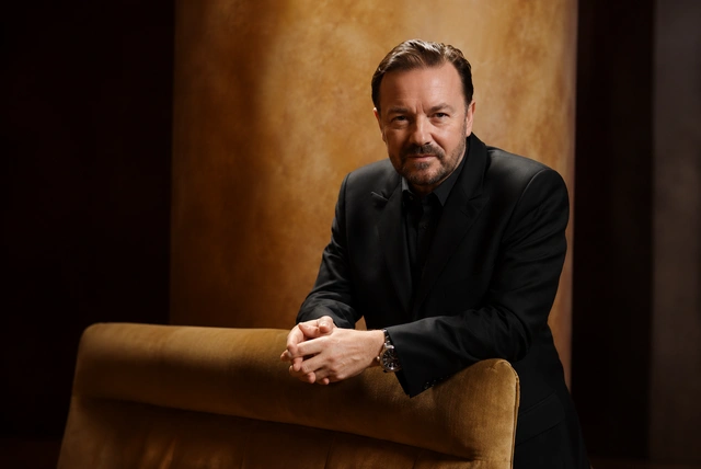 Ricky Gervais at a public event showcasing the British comedian known for The Office, After Life and stand-up comedy