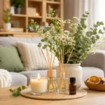 Home fragrance ideas using natural flowers, candles, and essential oils in a modern living room
