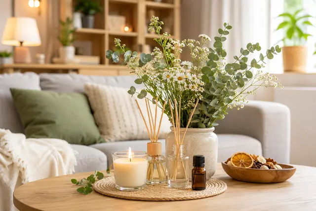 Home fragrance ideas using natural flowers, candles, and essential oils in a modern living room