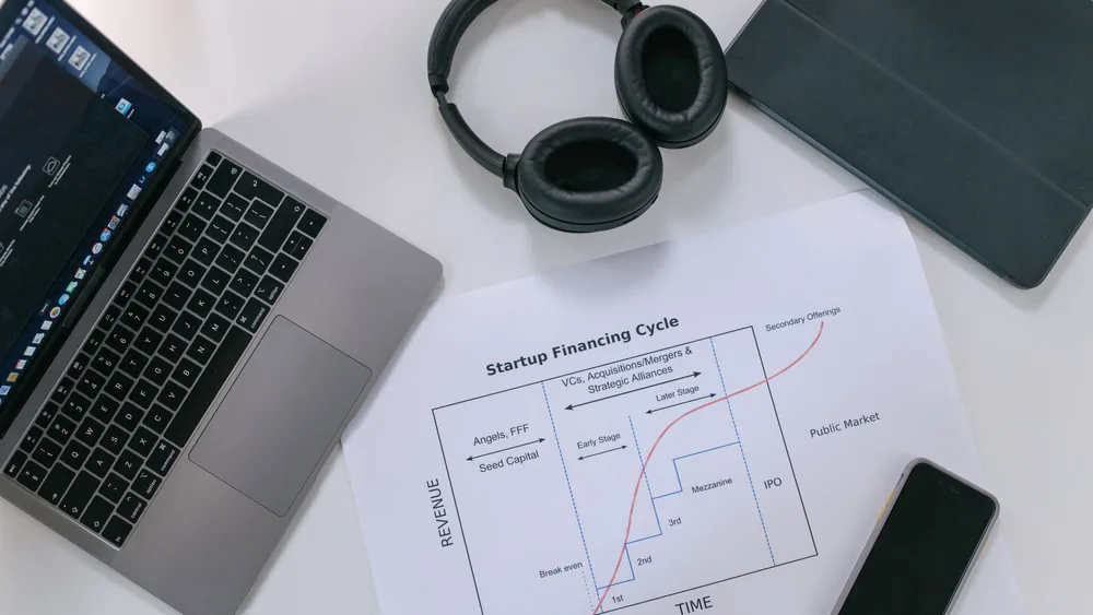 Flat lay of a modern workspace with tech gadgets and a startup financing cycle chart.