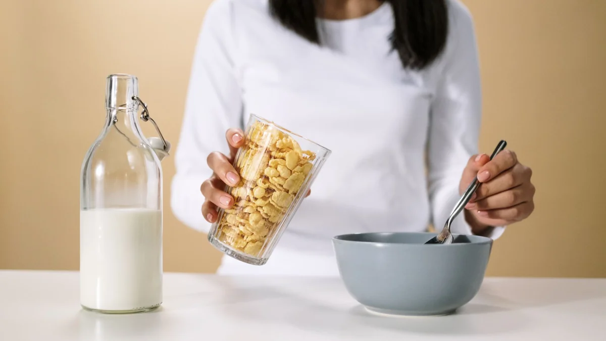 A bowl of breakfast cereal, the kind stored in a dispenser