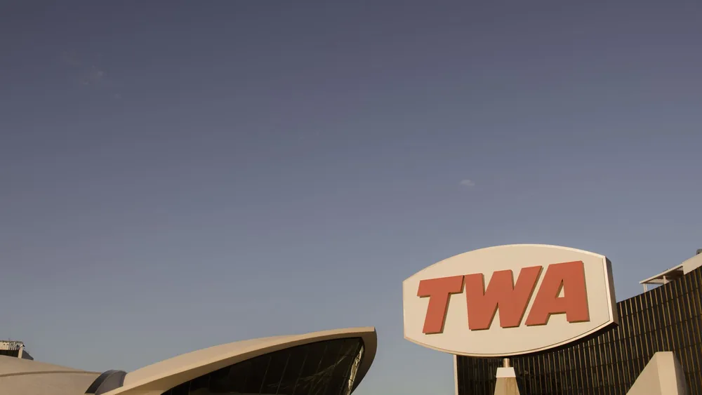 TWA Hotel building at JFK Airport New York showing its iconic mid-century architecture.