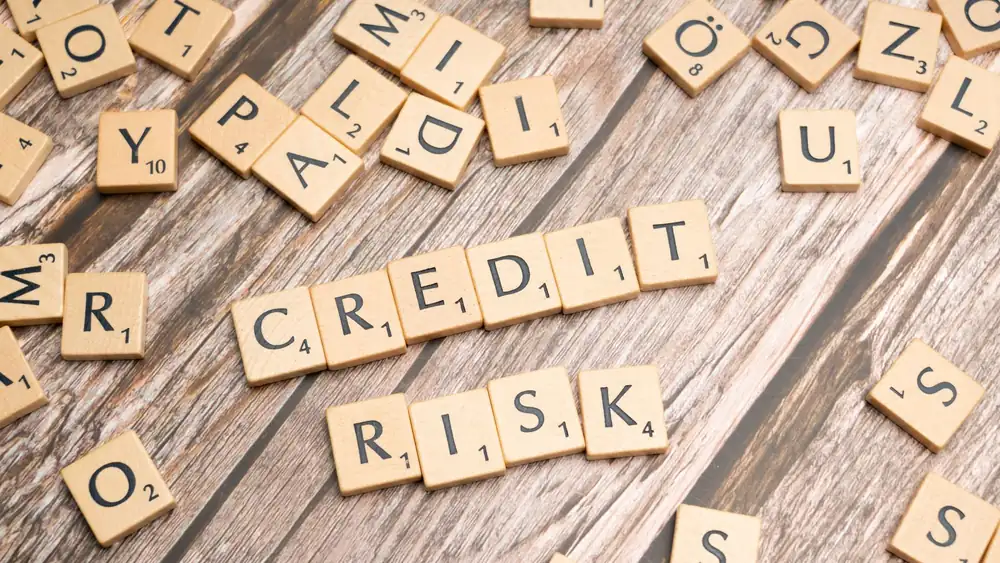Scattered wooden letter tiles spelling 'credit risk' on a rustic wooden surface.