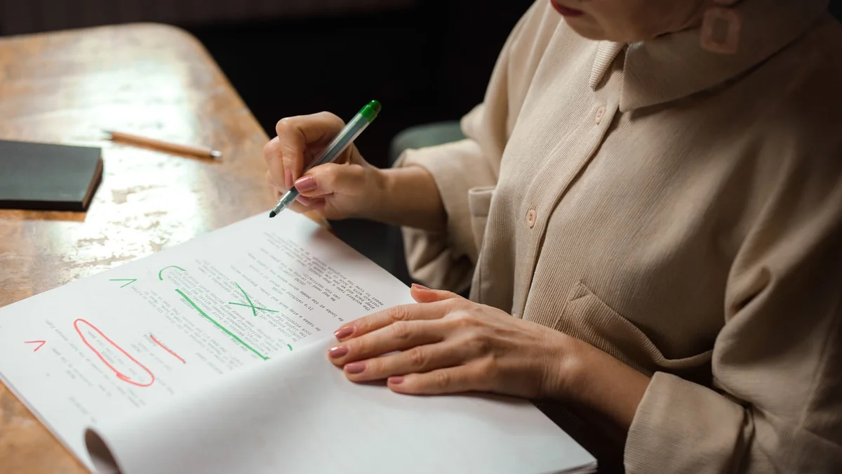 An editor reviewing and fact-checking written copy