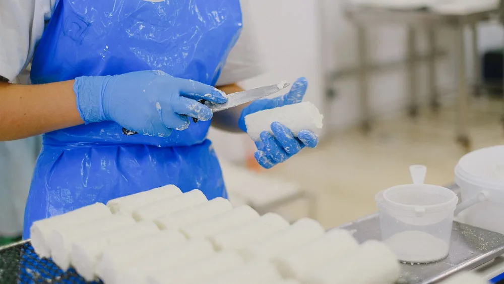 Worker processing cheese with gloves in a sterile dairy factory environment.