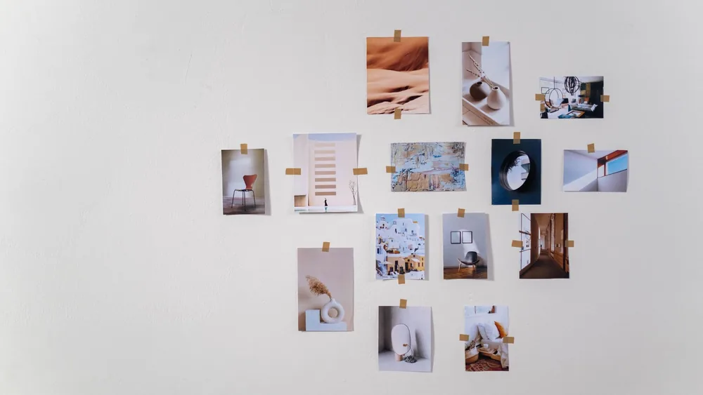 A minimalist wall collage of photos, ideal for modern home decor and interior design inspiration.