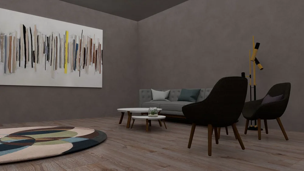 Stylish minimalist living room with abstract artwork, modern furniture, and cozy ambiance.