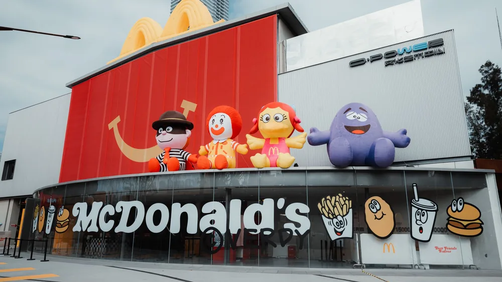 Exterior of McDonald's in Shenzhen featuring iconic character inflatables.