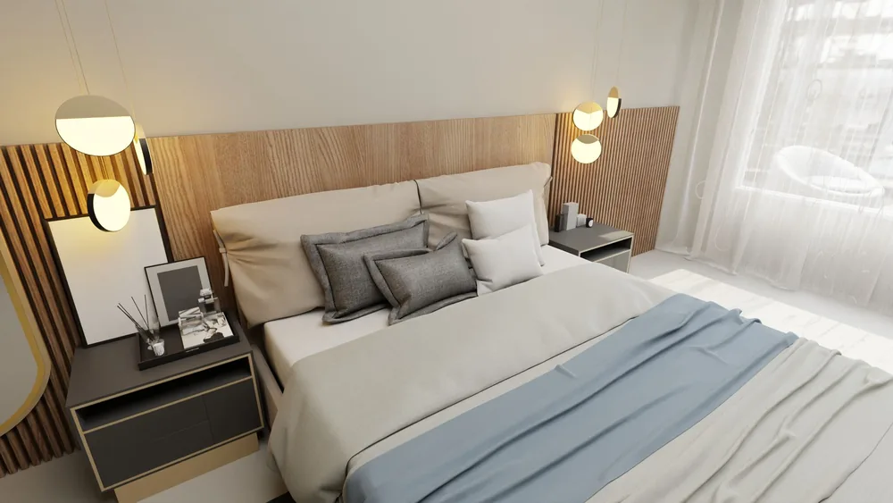 Stylish bedroom featuring modern decor with elegant lighting