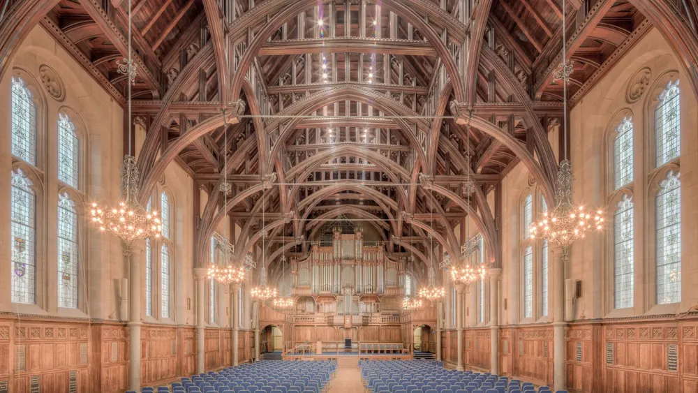 A grand old university hall, the kind of setting Shiz University evokes