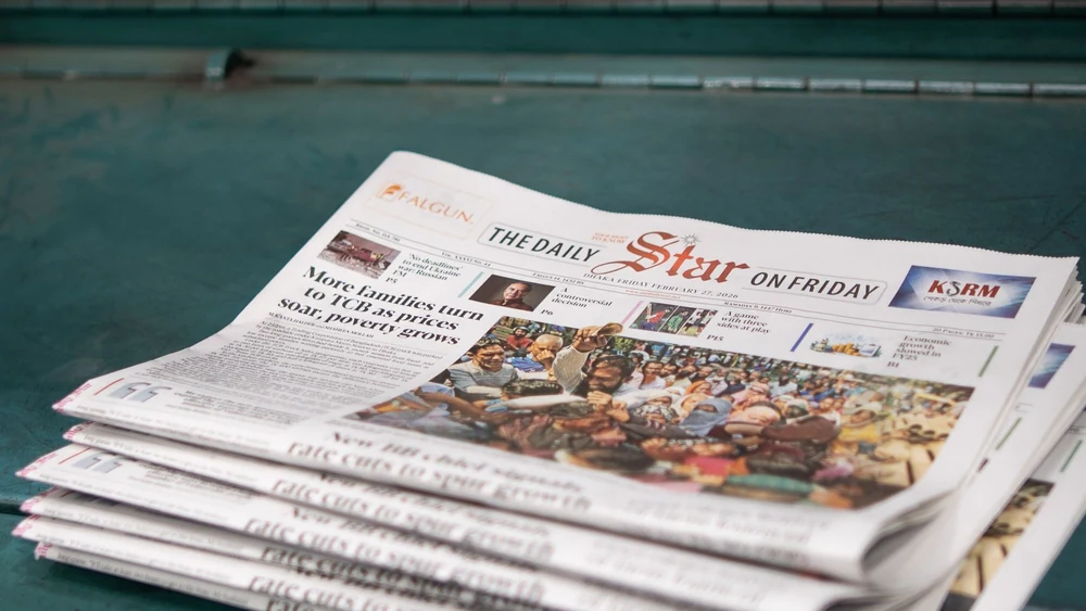 Newspaper front pages, still the raw material of the morning bulletins