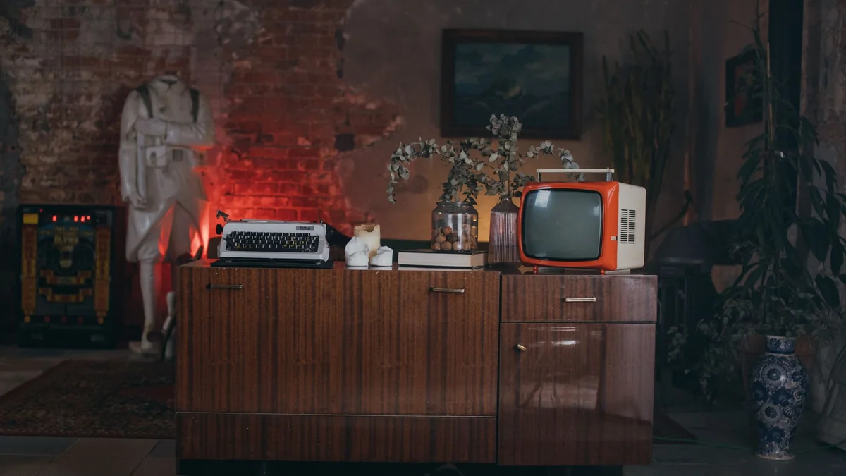 A vintage television set in a period living room