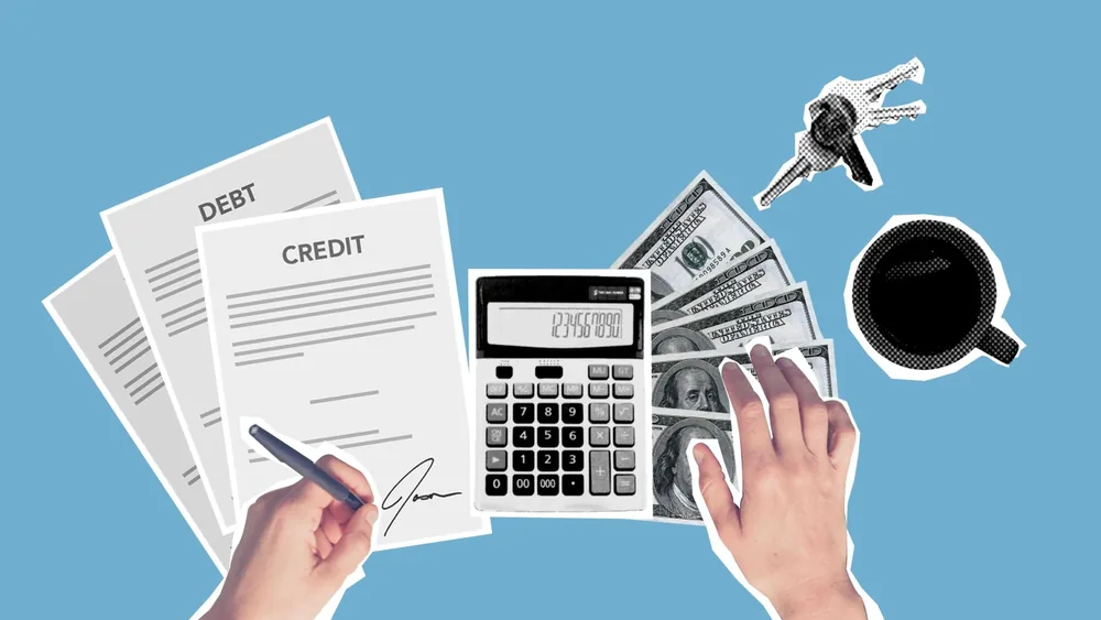 Top view of cutout paper composition of male signing credit paper while counting cash and apartment cost against blue background