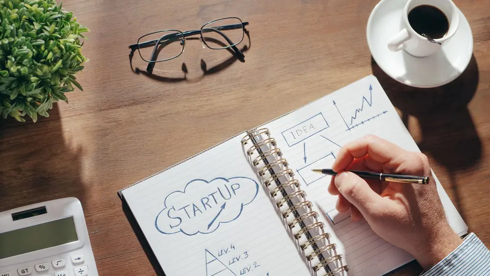 A creative workspace featuring startup planning on a notepad, eyeglasses, and a cup of coffee.