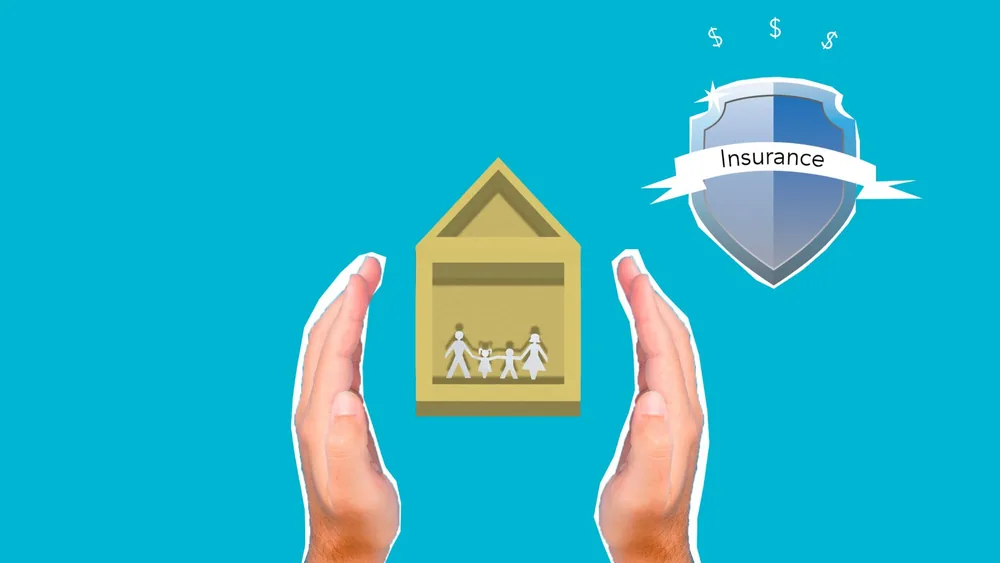 Decorative cardboard illustration of person hands protecting house with human figures near shield with Insurance inscription on blue background