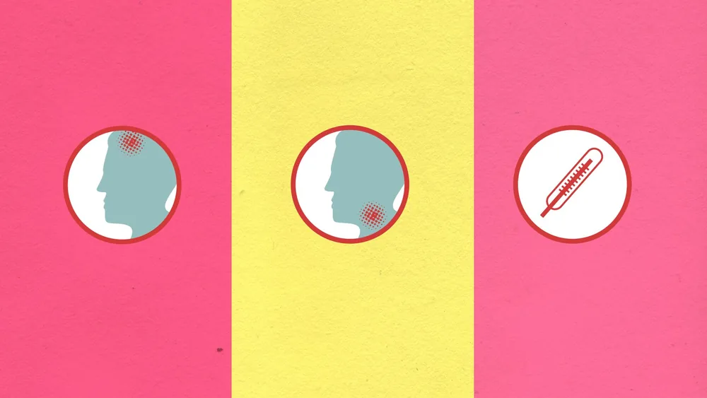 Cardboard appliques of human heads with viruses and thermometer in circles during coronavirus pandemic on colorful background