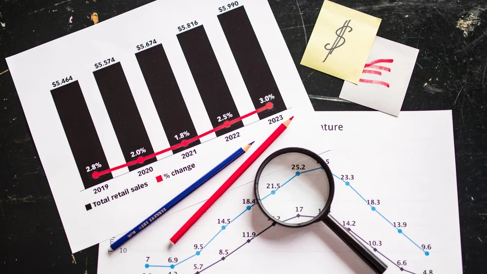 Charts and graphs highlighting retail sales growth, utilizing a magnifying glass for detail.