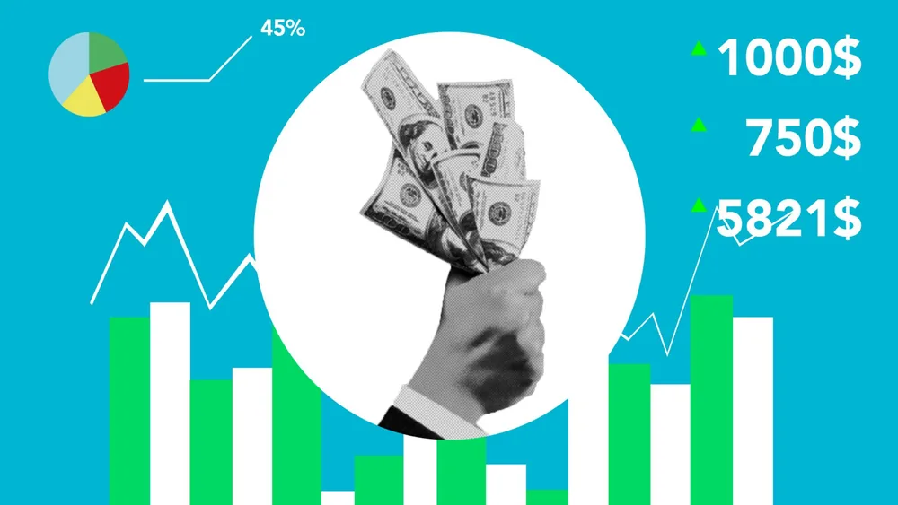 Decorative cardboard appliques representing hand with dollar banknotes and numbers above chart on blue background