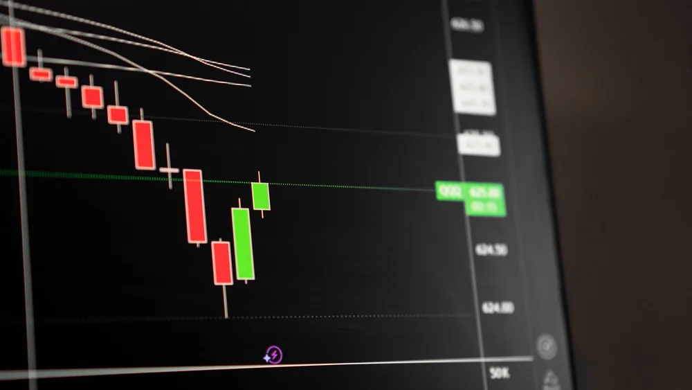 Candlestick chart showing a downward trend in the stock market analysis.