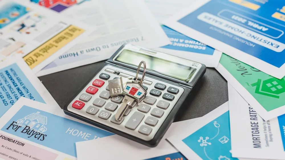 A calculator and real estate flyers depicting financial planning for home buyers.